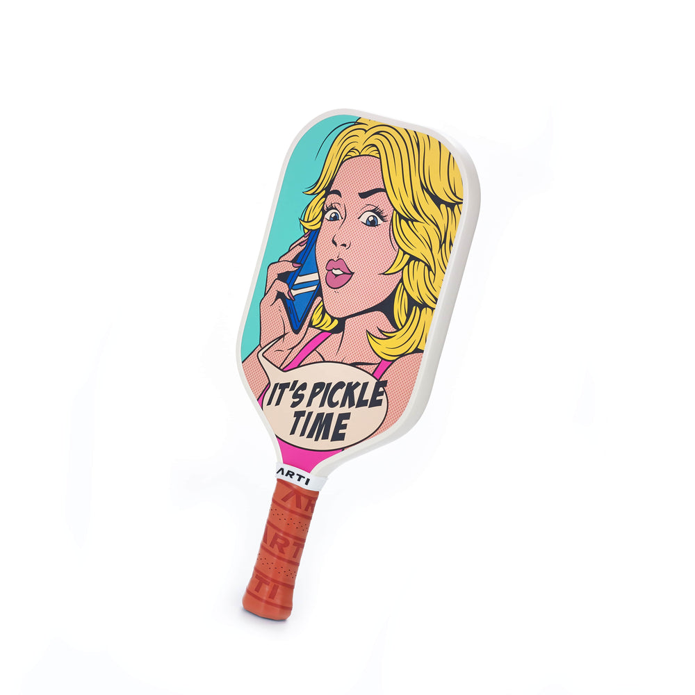 ARTI It's Pickle Time paddle with pop-art face and red handle