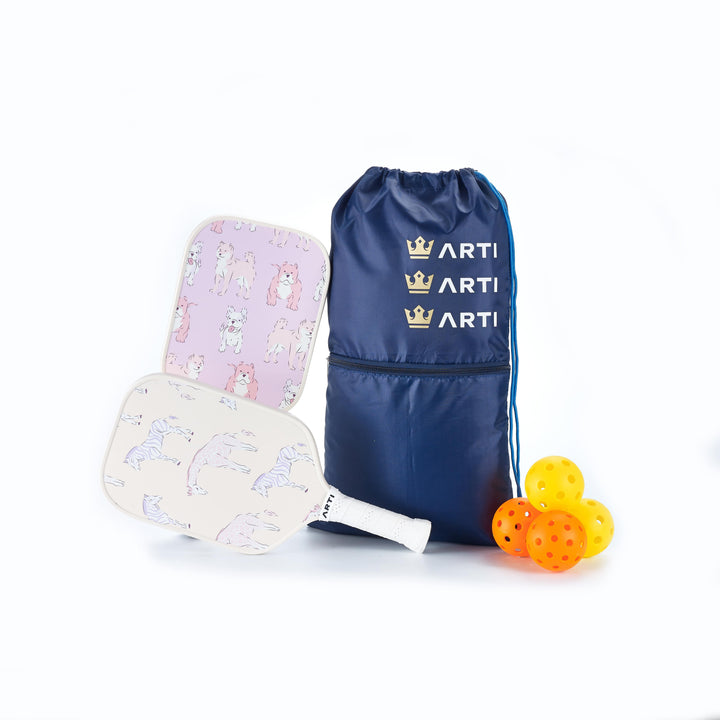 Pickleball Gift Set for 2: 2 Paddles, 4 Balls + Carry Bag | ARTI "Dogs & Giraffes" Beginner Starter Set